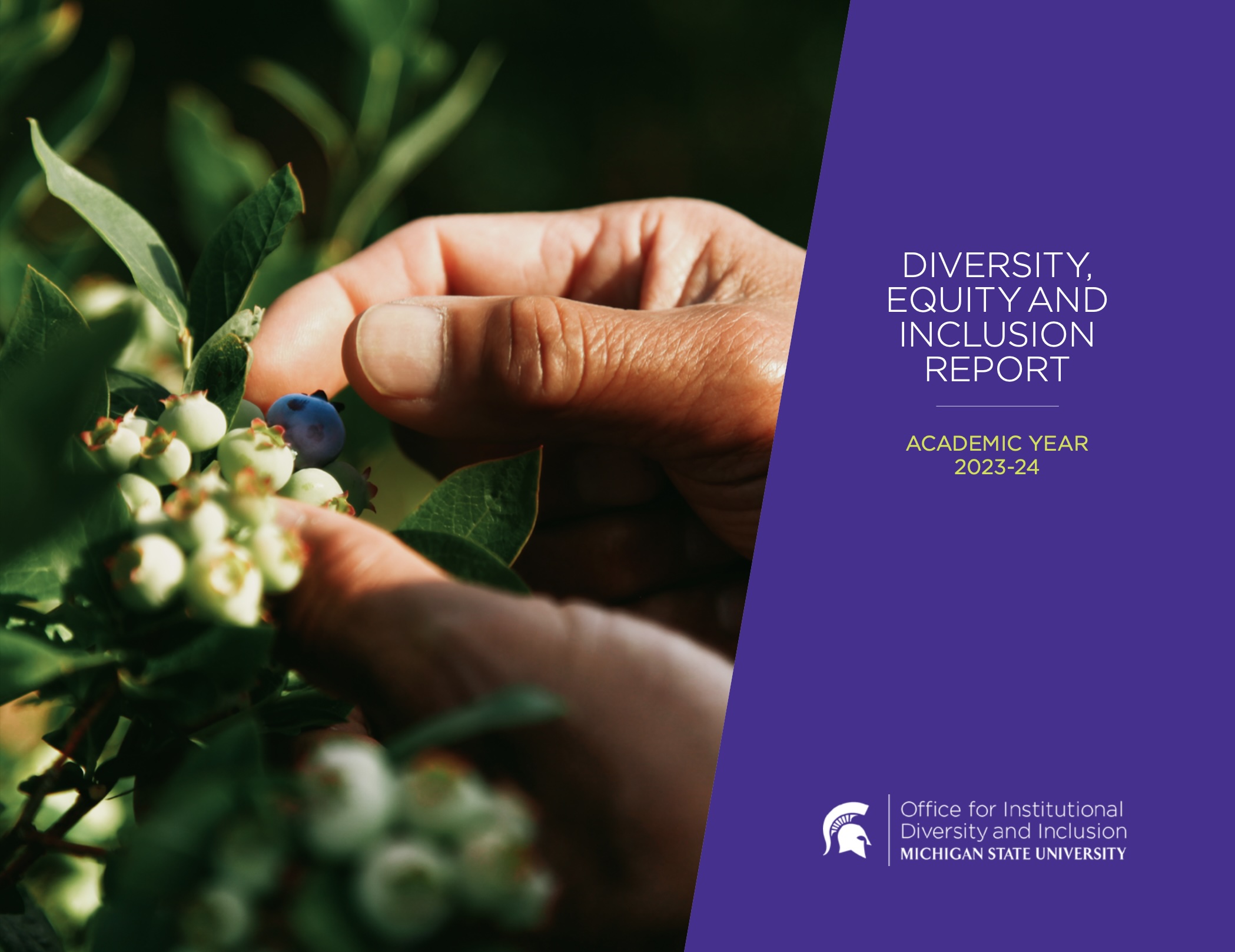 Report cover featuring farmer hands picking a blueberry. Clicks to annual report.